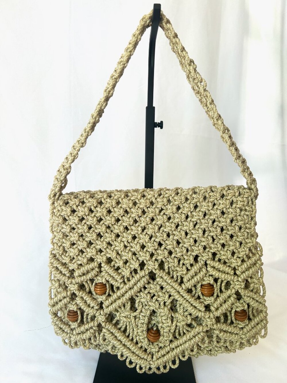 Handmade Vintage One-of-a-Kind Macrame Flap Over Shoulder Bag with Wooden Beads